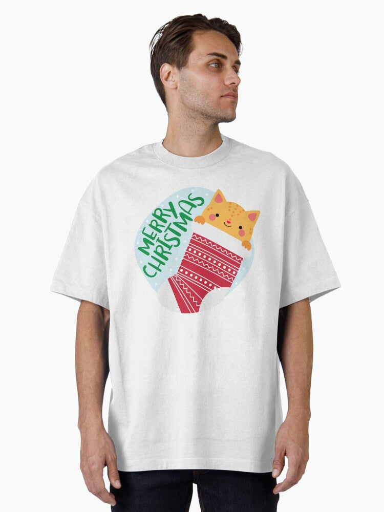 Tabby Cat in Christmas Stocking Oversized T-Shirt | Premium Unisex T-Shirt, Trending Graphic Tee