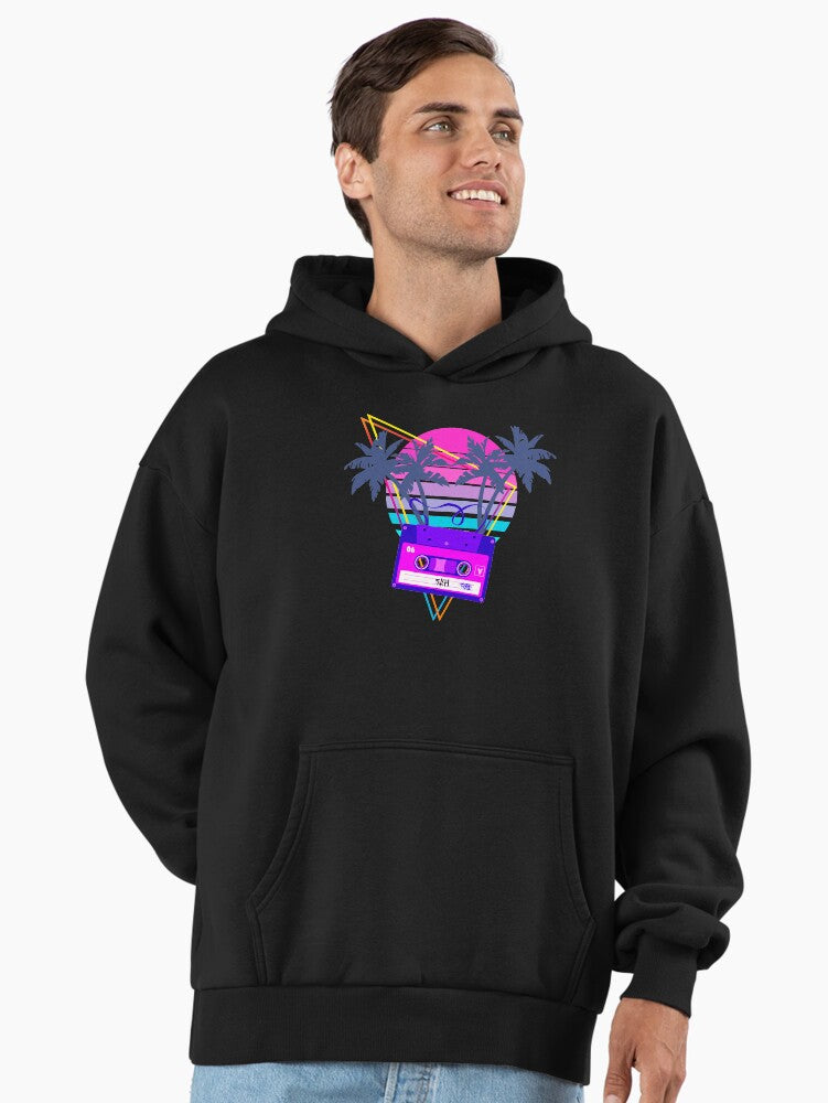 90s Vaporwave Sunset Cassette Tape in Outrun Synthwave style design Premium Oversized Hoodie