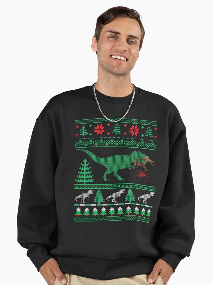 Funny Dinosaur T-Rex Eating Reindeer Tree Rex Ugly Christmas Sweater Premium Oversized Sweatshirt