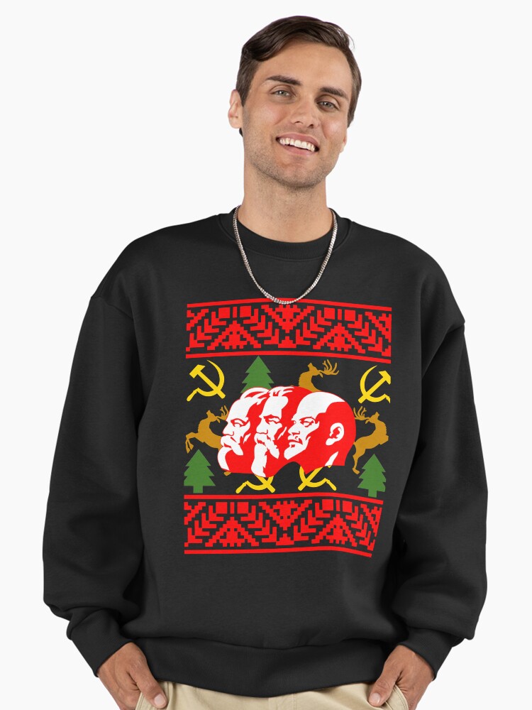 A Communist Ugly Christmas Sweater Featering Marx, Lenin, and Engels Funny Christmas Premium Oversized Sweatshirt