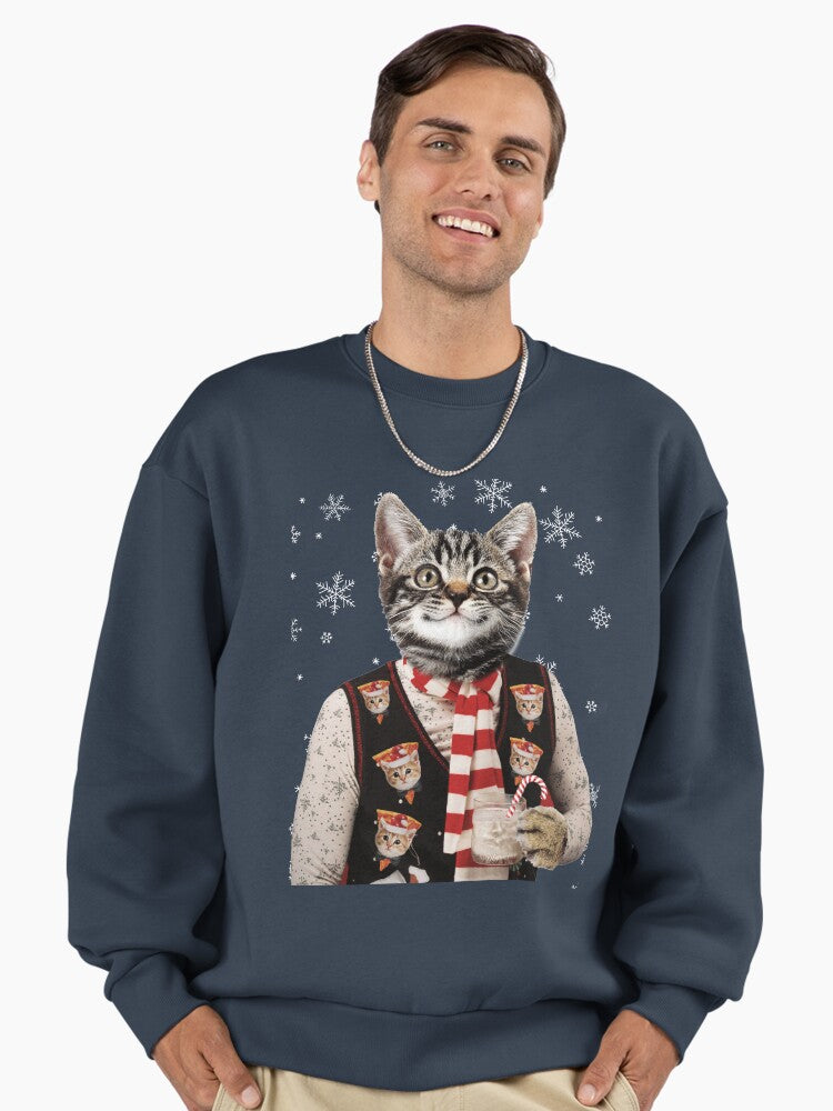 Hipster Cat Wearing Ugly Christmas Sweater With Pizza Cats On It Premium Oversized Sweatshirt