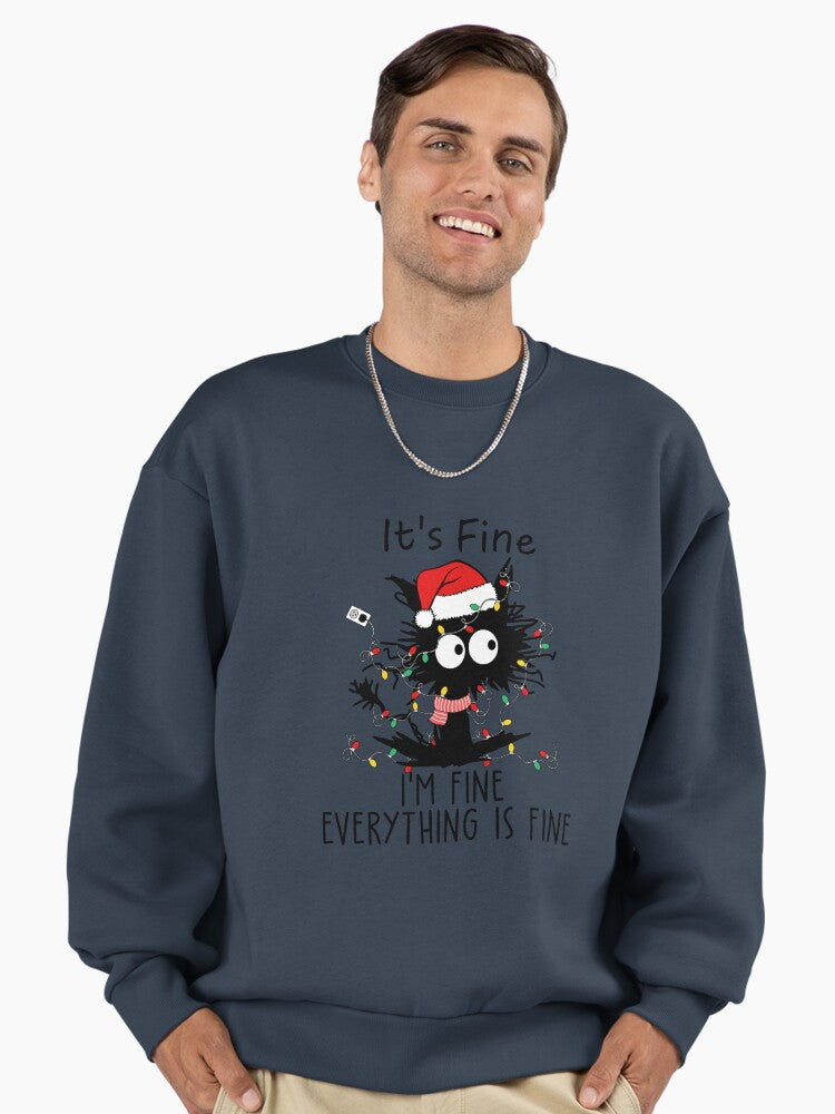 It's Fine I'm Fine Everything Is Fine Black Cat Christmas Lights Premium Oversized Sweatshirt