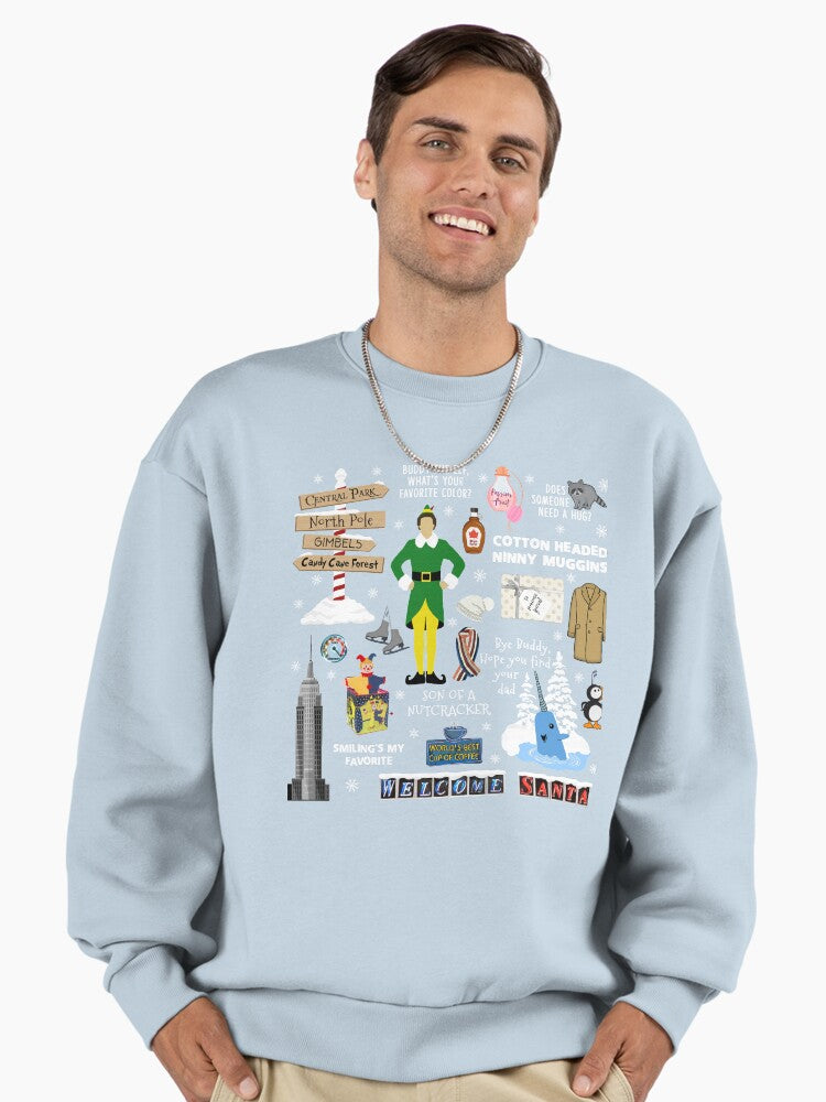 Buddy the Elf collage, Blue background Premium Oversized Sweatshirt