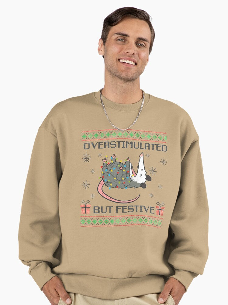 Overstimulated But Festive Possum Christmas, Ugly Christmas, Funny Possum, Possum, Trashcore Meme Premium Oversized Sweatshirt